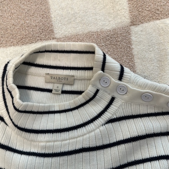 Talbots black and white striped BUTTON SHOULDER MOCKNECK TOP short sleeve S - Picture 4 of 5